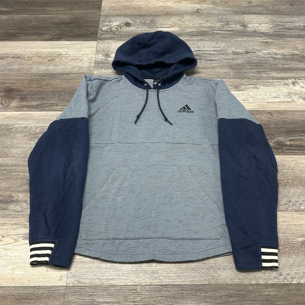 Adidas Mens Gray Two Toned Navy Blue Gray Men L 3-Stripes Logo Sweatshirt Hoodie